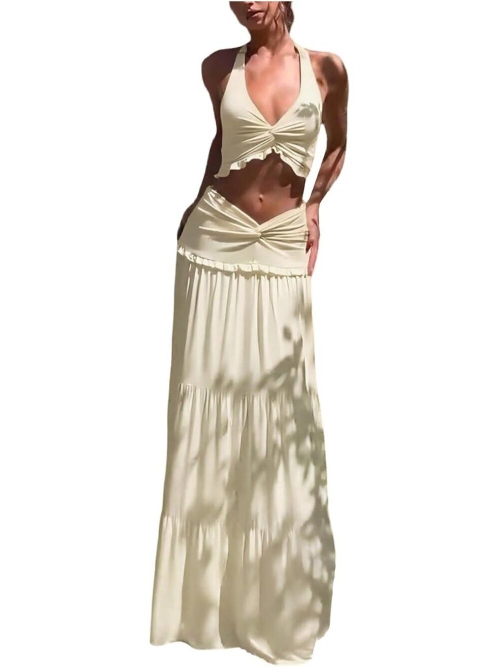 Chic Women's 2-Piece Backless Halter Ruffle Top & Maxi Skirt Set - Perfect for